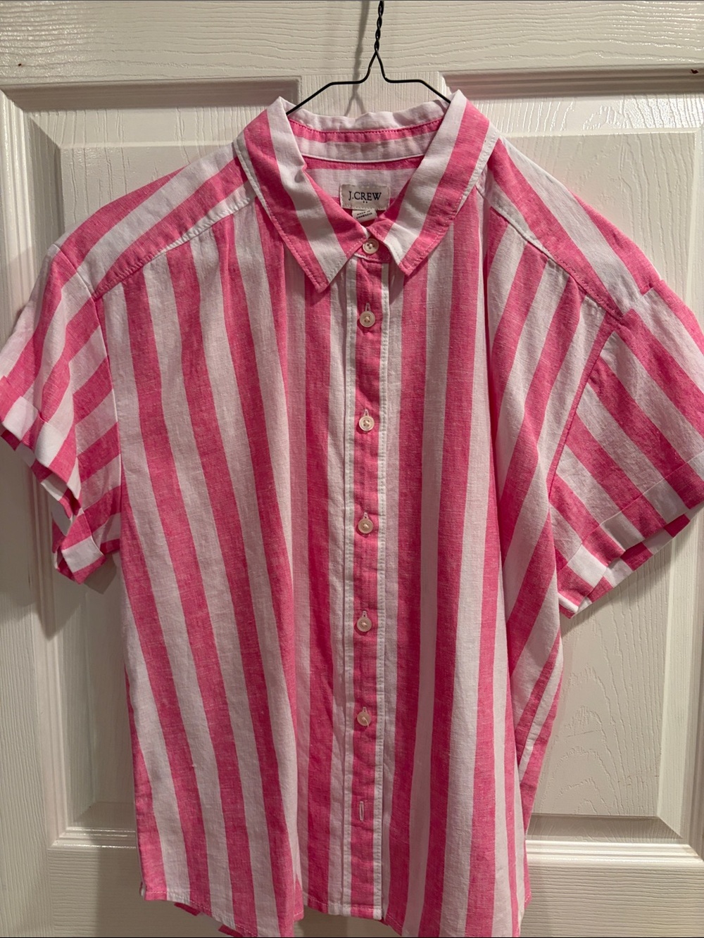 J. Crew Bright Pink and White Striped Short-Sleeve Button-Down